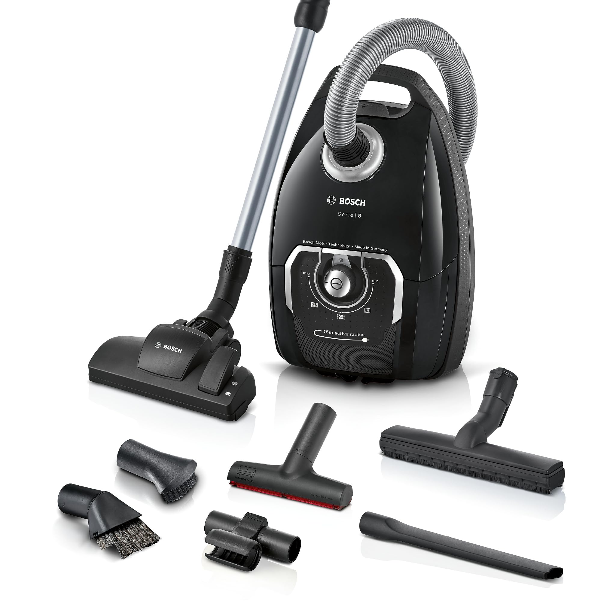Bosch Serie 8 BGL8XALL, Bodenstaubsauger mit Beutel, ideal für Allergiker, Hygiene-Filter, 10 Jahre Motorgarantie, Hartbodendüse, 650 W, schwarz.