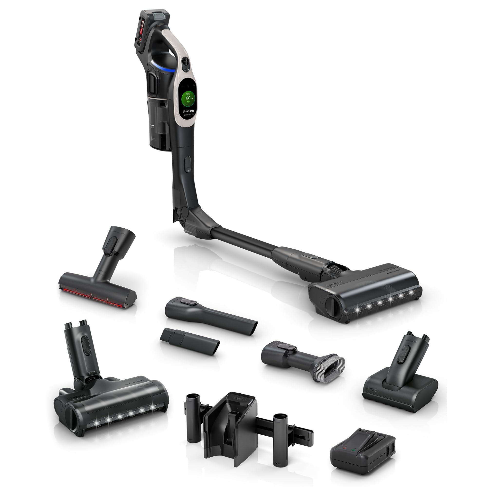 Bosch Akku-Staubsauger Unlimited 10 BKS1051GQC, kabellos, HEPA-Filter, TFT-Display, 4 Ah Akku, LED-Licht, Schnellladegerät, grau