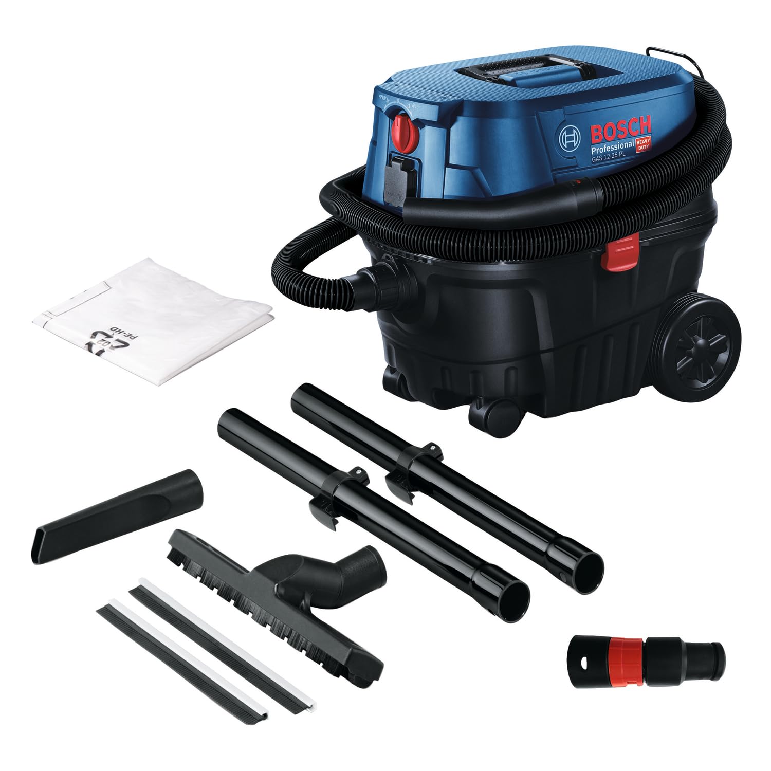 Bosch Professional Nass-,Trockensauger Gas 12-25 PL (1.250-W-Motor, Luftstrom von 65, Saugdruck 200 mbar, inklusiv HEPA-Filter, Fugendüse)